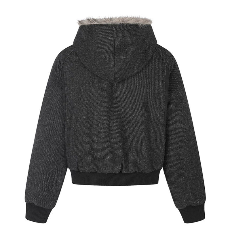 Damen Kapuzen-Bomberjacke mit Kunstfellfutter, asymmetrischer Mehrfachknopfleiste und geripptem Bund Shop Nory