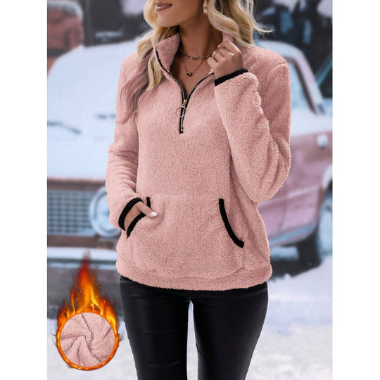Damen flauschiger Fleece-Kuschelpullover mit halbem Reißverschluss, Kängurutasche und Stehkragen Shop Nory