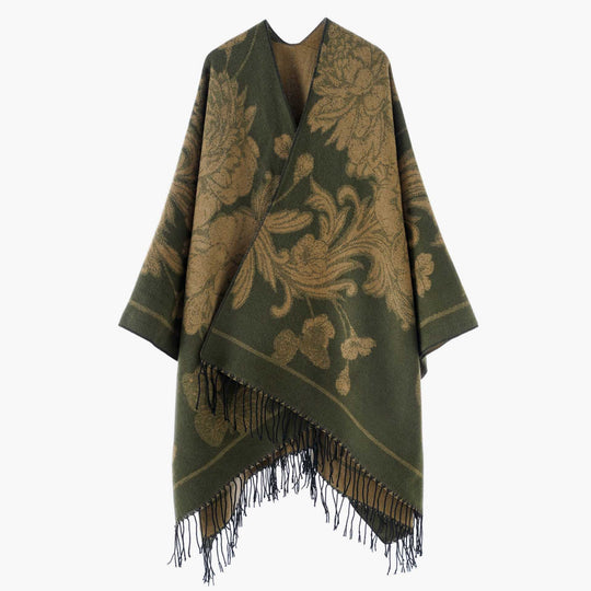 Damen Wendbarer Strickcape-Poncho mit Fransen und kontrastierenden Streifen Shop Nory