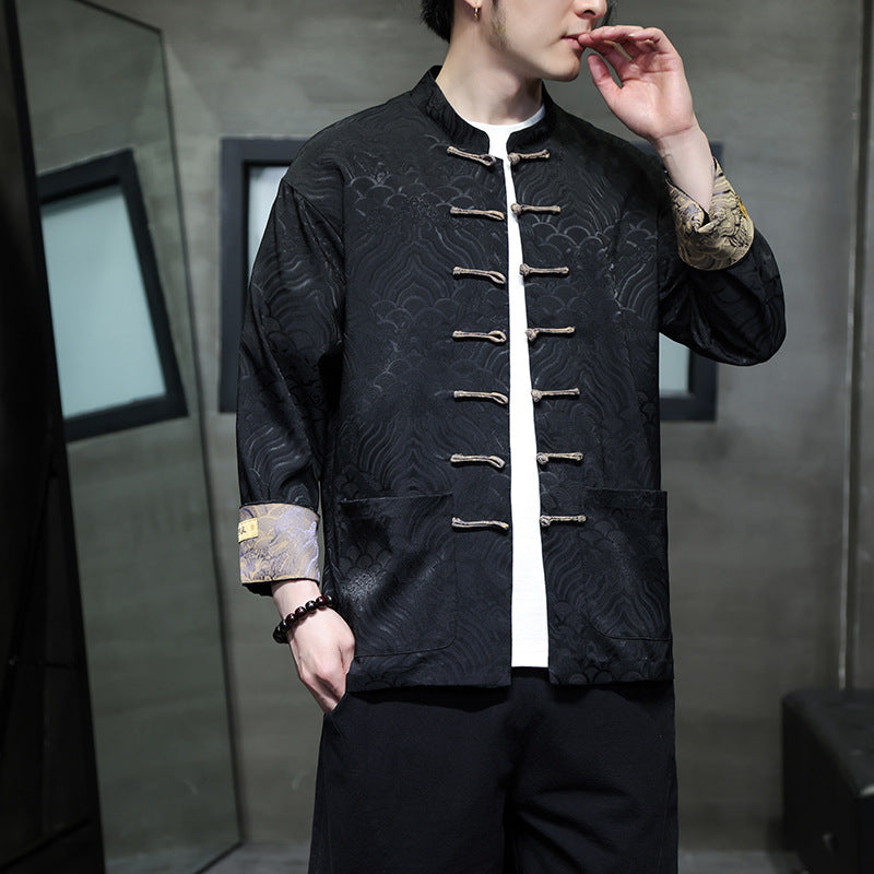 Herren traditionelle Tangjacke mit chinesischem Knotenverschluss und Brokatärmeln Shop Nory