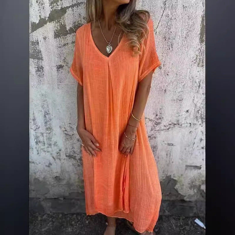 Damen Luftiges Leinenmaxikleid mit V-Ausschnitt und weit schwingendem Saum