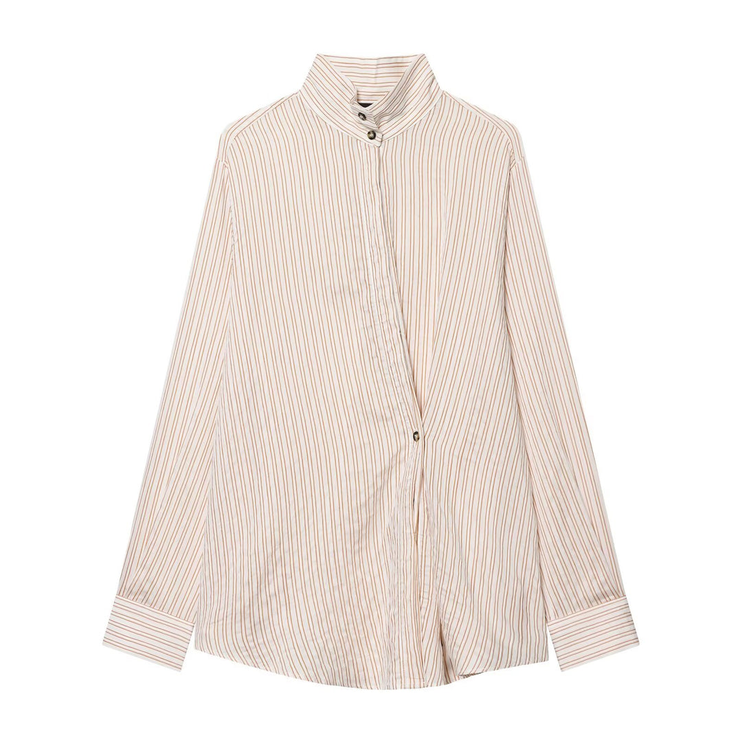 Damen Oversize-Hemdbluse mit Stehkragen, verdeckter Knopfleiste und feinem Streifenmuster Shop Nory