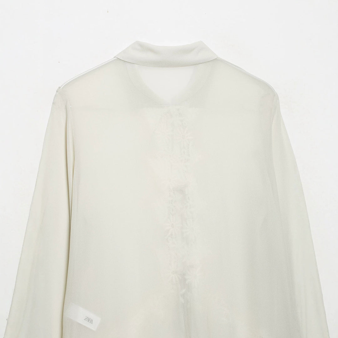 Damen Romantische Chiffon-Bluse mit Spitzenapplikation, Volant-Saum und Bindebändern Shop Nory