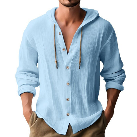 Herren lässiges Leinenhemd mit Kapuze und Knopfdetails