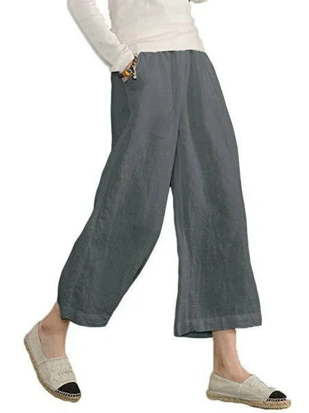 Damen weite Leinenhose mit seitlichen Taschen und elastischem Bund