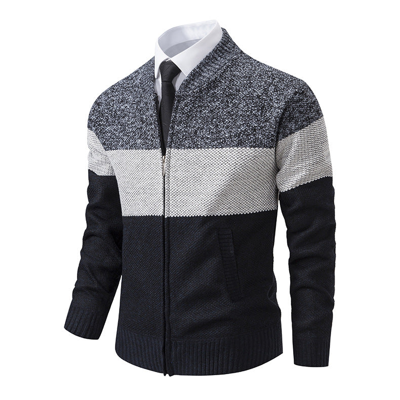 Herren Strukturierte Blockstreifen‑Strickjacke mit Frontzip, Stehkragen und Eingrifftaschen Shop Nory
