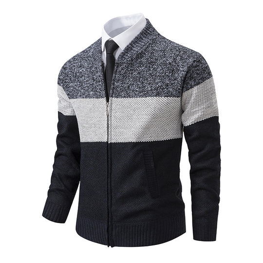 Herren Strukturierte Blockstreifen‑Strickjacke mit Frontzip, Stehkragen und Eingrifftaschen Shop Nory