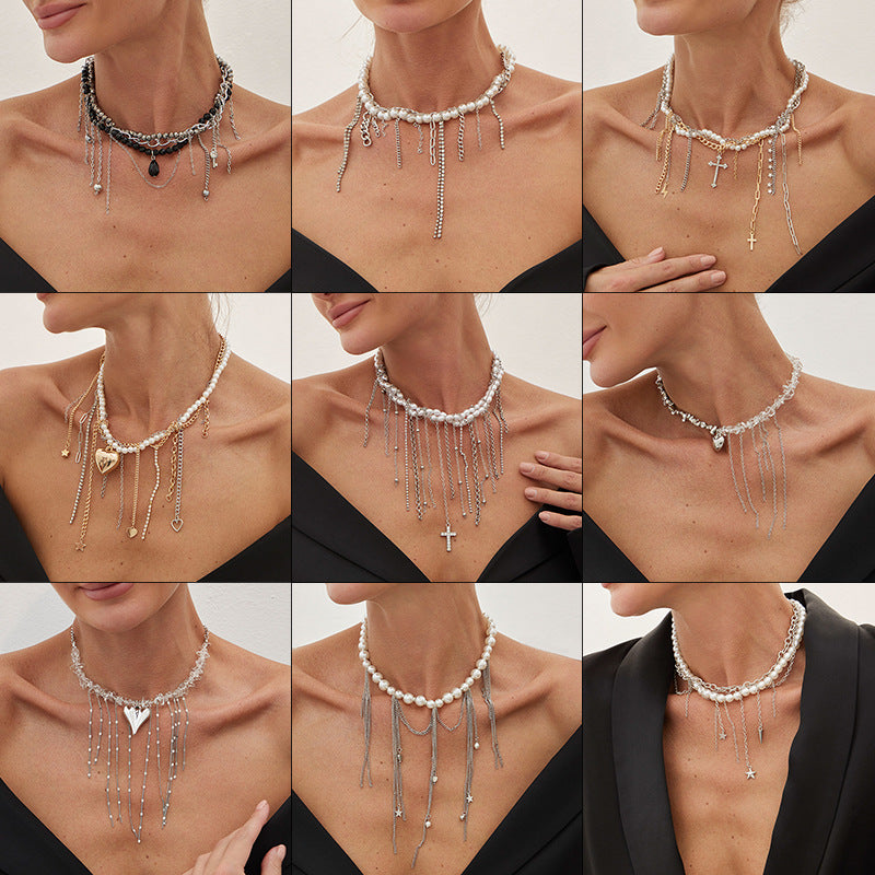 Damen Statement-Halskette mit feinen Ketten und eleganten Perlen Shop Nory