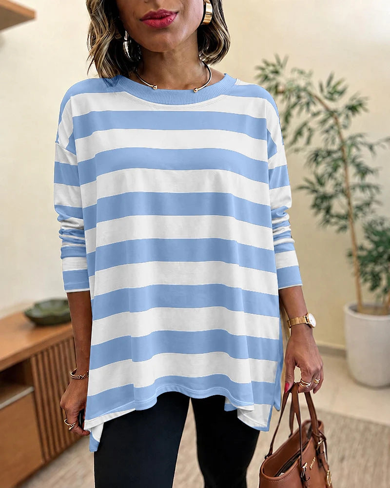 Damen Oversized Streifen-Longsleeve mit Rundhalsausschnitt und abgerundetem Saum Shop Nory