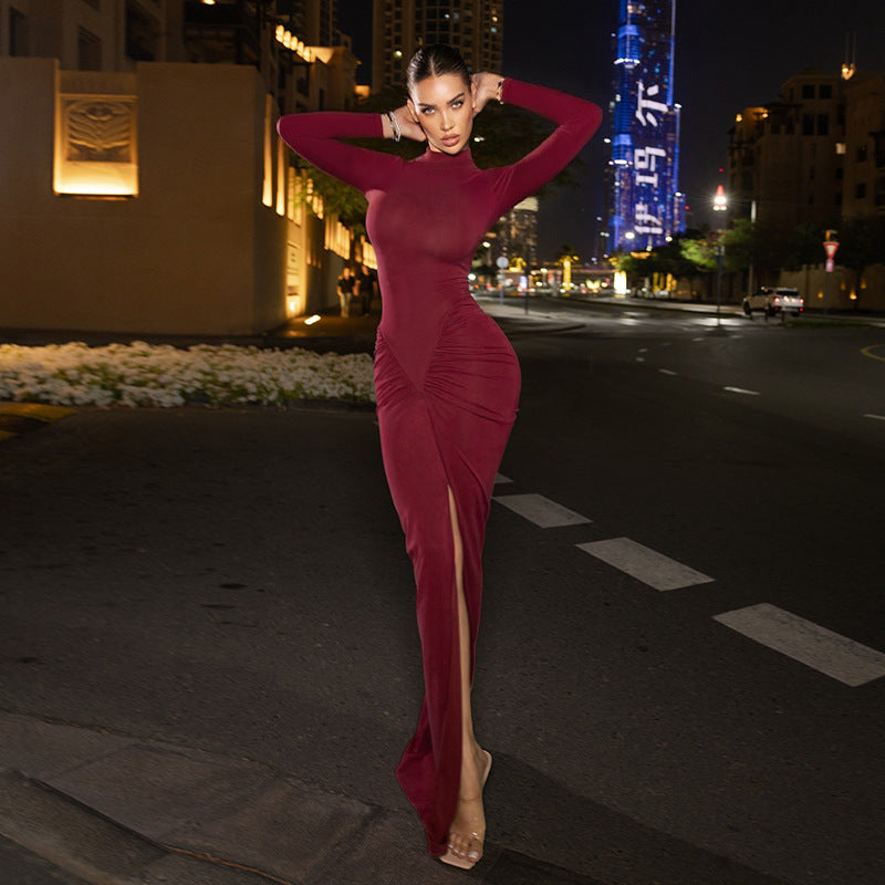 Damen Figurbetontes Abend-Maxikleid mit hohem Rundhals, langen Ärmeln, geraffter Hüftpartie und Frontschlitz Shop Nory