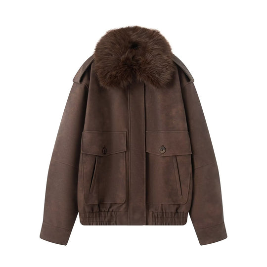 Damen Oversize-Bomberjacke aus Wildlederoptik mit abnehmbarem Fellkragen Shop Nory