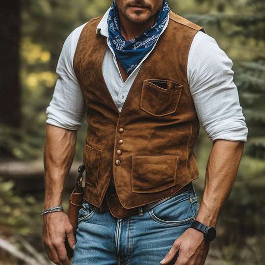 Herren Western-inspirierte Wildlederweste mit Knopfleiste und Utility-Taschen Shop Nory