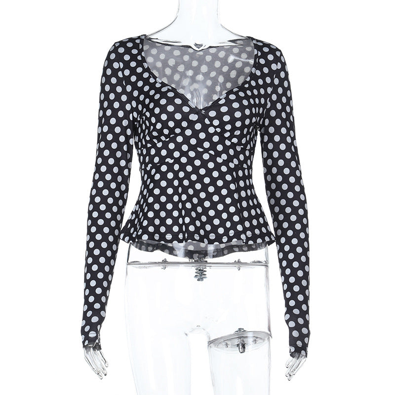 Damen Langarm-Top mit Punktmuster, tailliertem Peplum und herzförmigem Ausschnitt Shop Nory