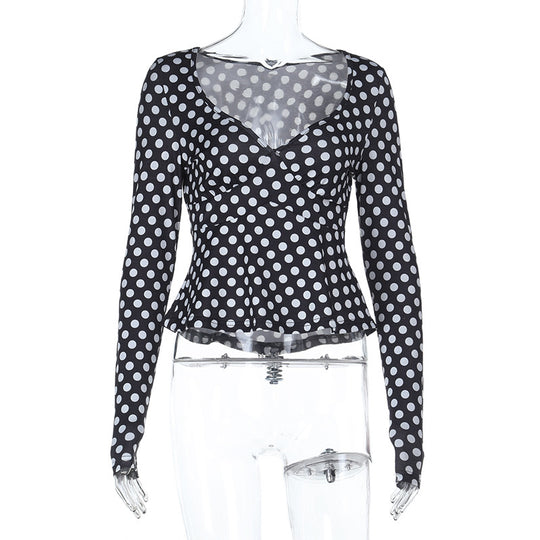 Damen Langarm-Top mit Punktmuster, tailliertem Peplum und herzförmigem Ausschnitt Shop Nory