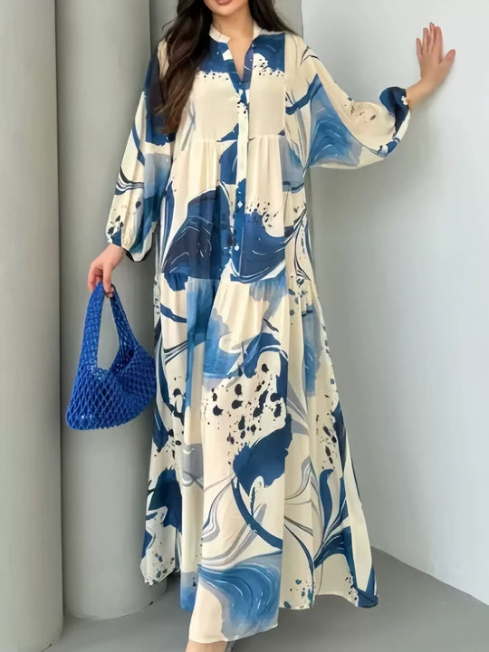 Damen Fließendes Stufenkleid mit Stehkragen, Ballonärmeln und Knopfleiste Shop Nory