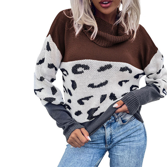 Damen Strickpullover mit weitem Rollkragen, Colorblock und Leopardenmuster Shop Nory
