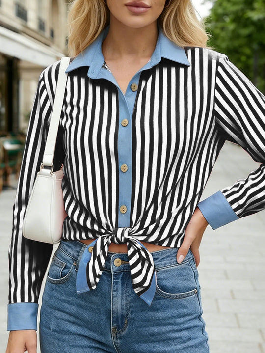 Damen Gestreifte Bluse mit Knotenfront, Kontrastkragen und knöpfbarer Hemdleiste Shop Nory