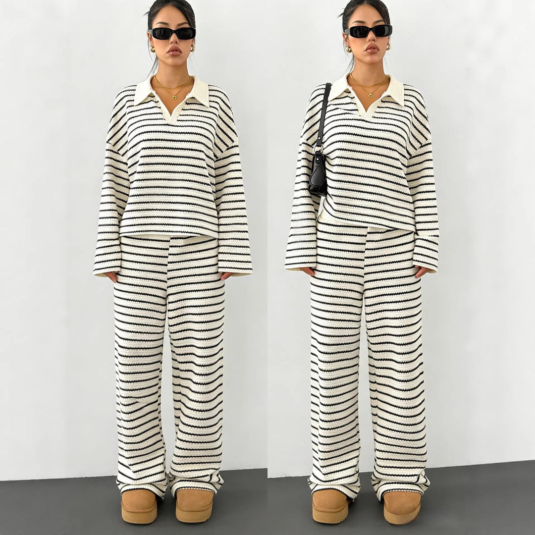 Damen Gestreifter Strickpullover mit Polokragen und Oversize-Ärmeln Shop Nory
