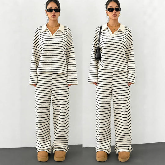 Damen Gestreifter Strickpullover mit Polokragen und Oversize-Ärmeln Shop Nory