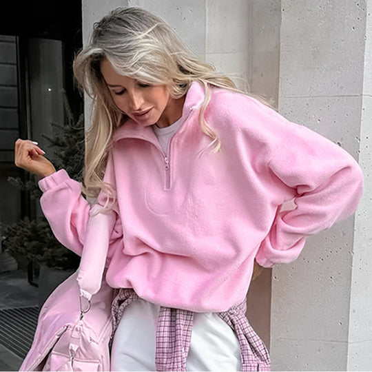 Damen Oversized Fleecepullover mit halbem Reißverschluss und Stehkragen Shop Nory