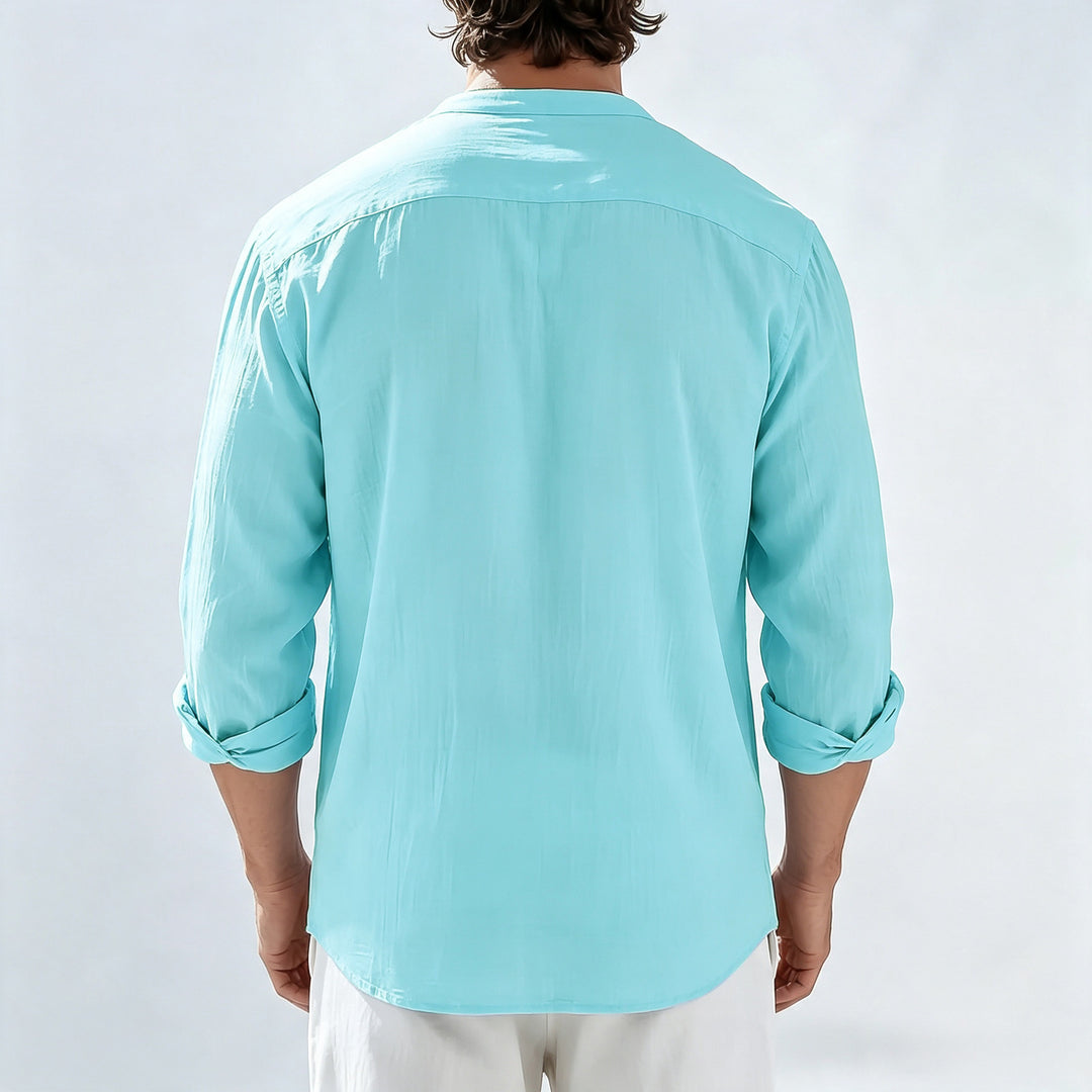 Herren Leichtes Leinen-Henley-Langarmshirt mit Mandarin-Kragen Shop Nory