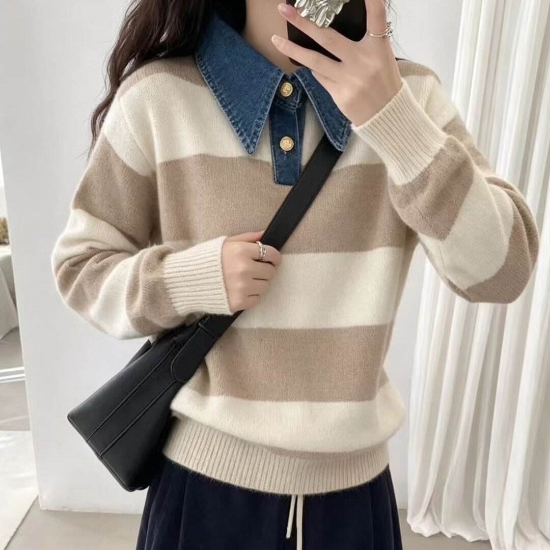 Damen Stilvoller Pullover mit Denim-Kragen Shop Nory