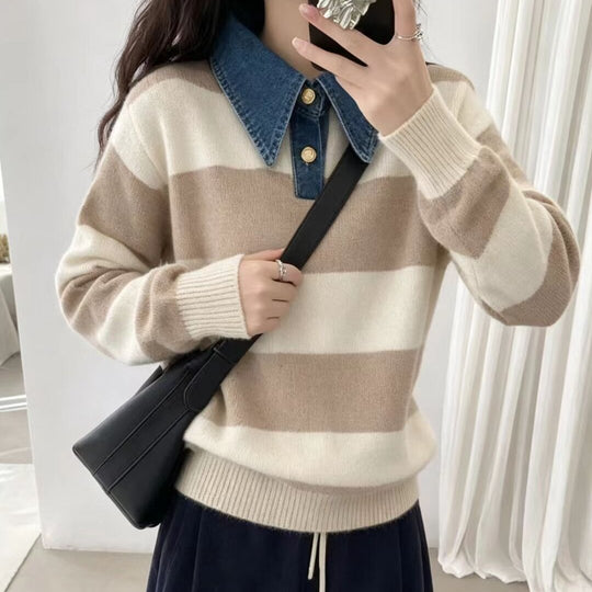 Damen Stilvoller Pullover mit Denim-Kragen Shop Nory