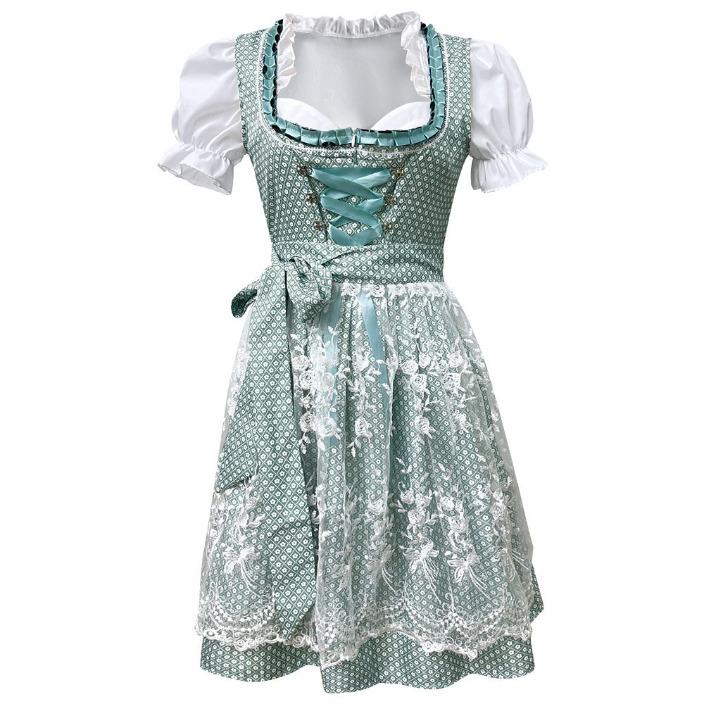 Damen nan traditionelles kurzes Dirndl mit Spitzenapron, Herzausschnitt, Puffärmeln und Schnürung Shop Nory