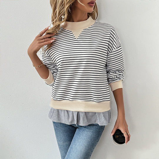 Damen Gestreiftes Layering-Sweatshirt mit Chiffon‑Einsatz und kontrastierendem Stehkragen Shop Nory