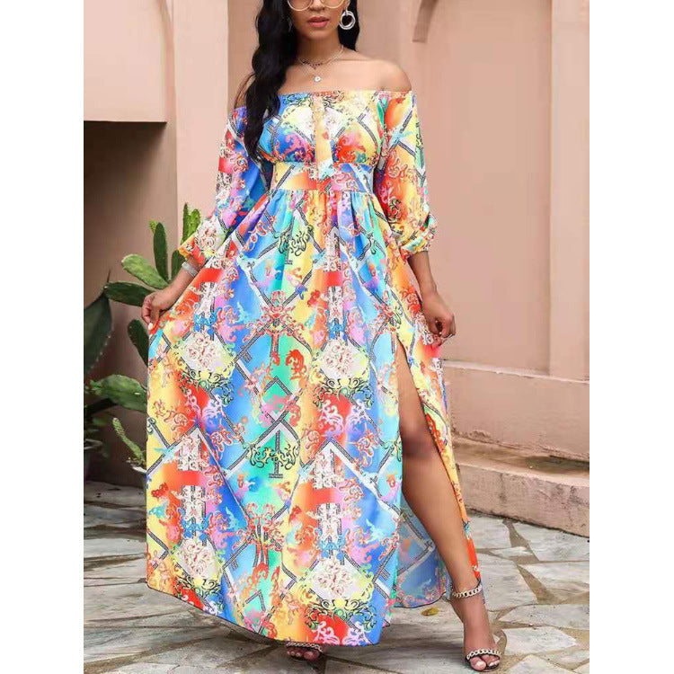 Damen Maxikleid mit offenem Schulterdesign und aufwendigem Barockmuster Shopnory