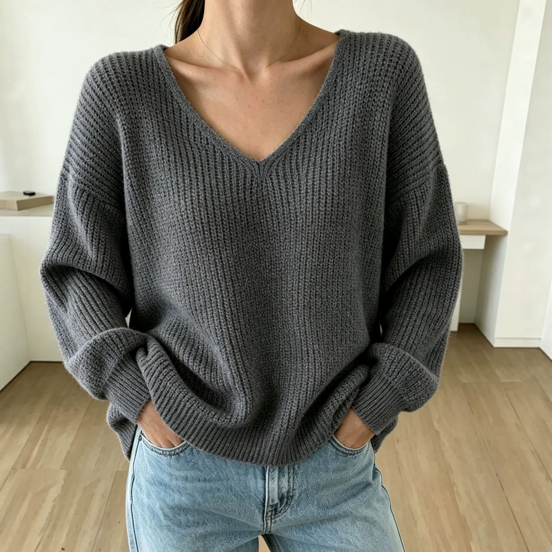 Damen Lässiger Boxy-Grobstrickpullover mit V-Ausschnitt und gerippten Bündchen Shop Nory