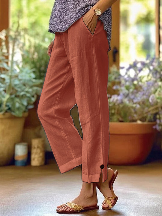 Damen Leinenhose mit lockerer, knöchellanger Passform, seitlichen Eingrifftaschen und Zierknopf-Details Shop Nory
