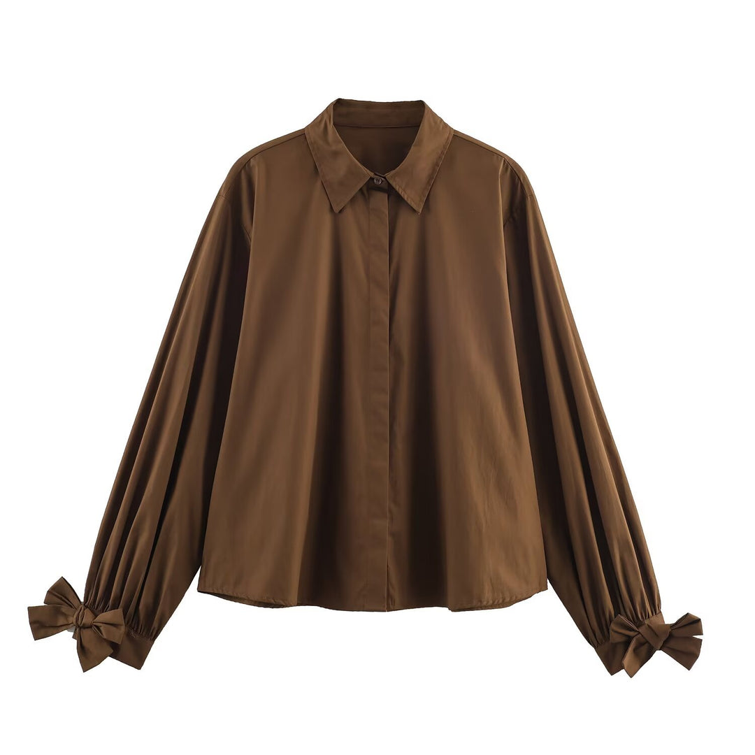 Damen Oversize-Hemdbluse mit klassischem Kragen, Ballonärmeln und Schleifenmanschetten Shop Nory
