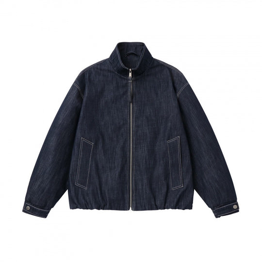 Unisex Kastenförmige Jeans-Blousonjacke mit Stehkragen, Reißverschluss und elastischem Saum Shop Nory