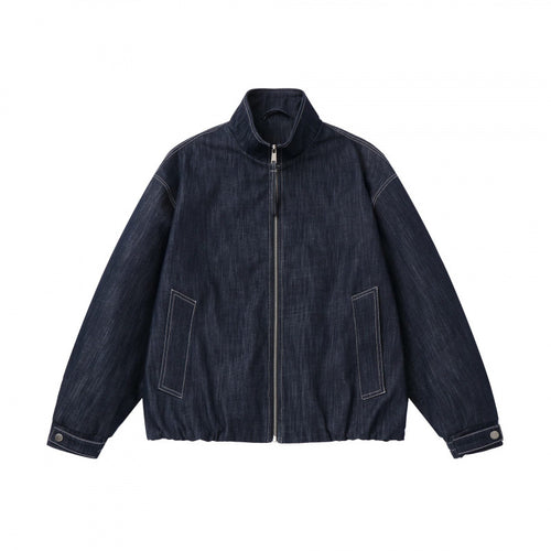 Unisex Kastenförmige Jeans-Blousonjacke mit Stehkragen, Reißverschluss und elastischem Saum Shop Nory
