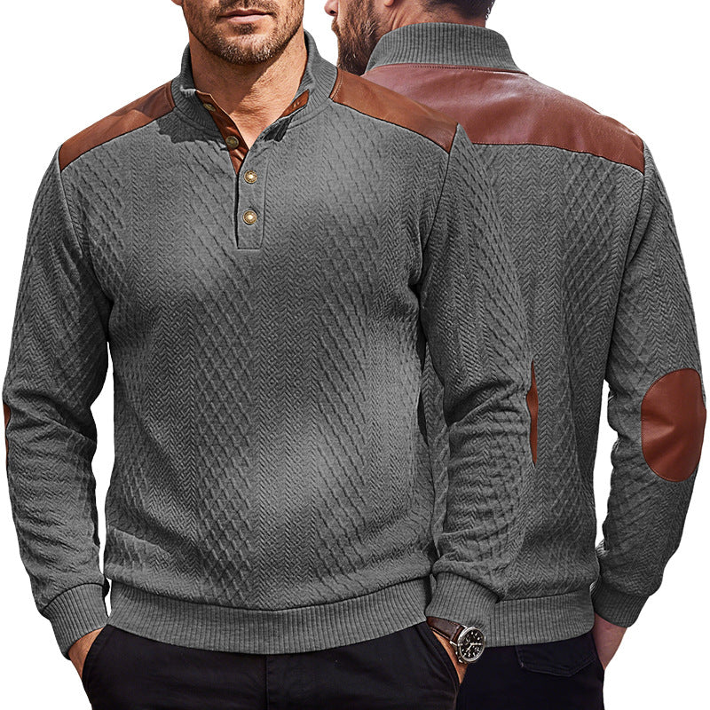 Herren Pullover mit Stehkragen, Zopfmuster und kontrastierenden Lederbesätzen Shop Nory