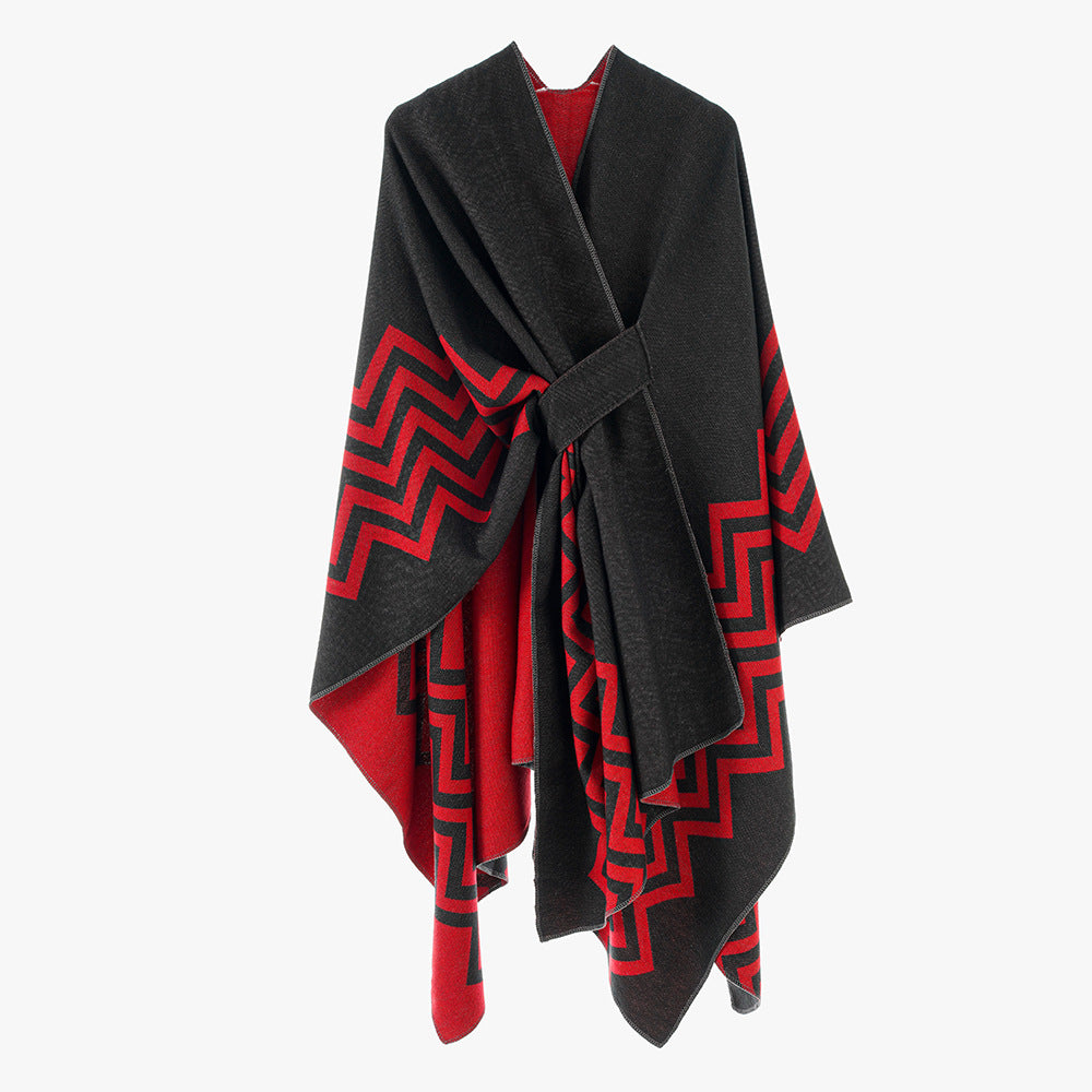 Damen Wollmix-Capeponcho mit Bindegürtel und grafischem Zickzackmuster Shop Nory