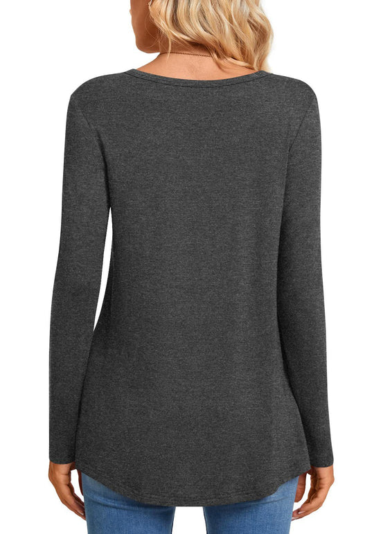 Damen Langarm V-Ausschnitt Tunika mit Knopfleiste, Raffung und Eingrifftasche Shop Nory