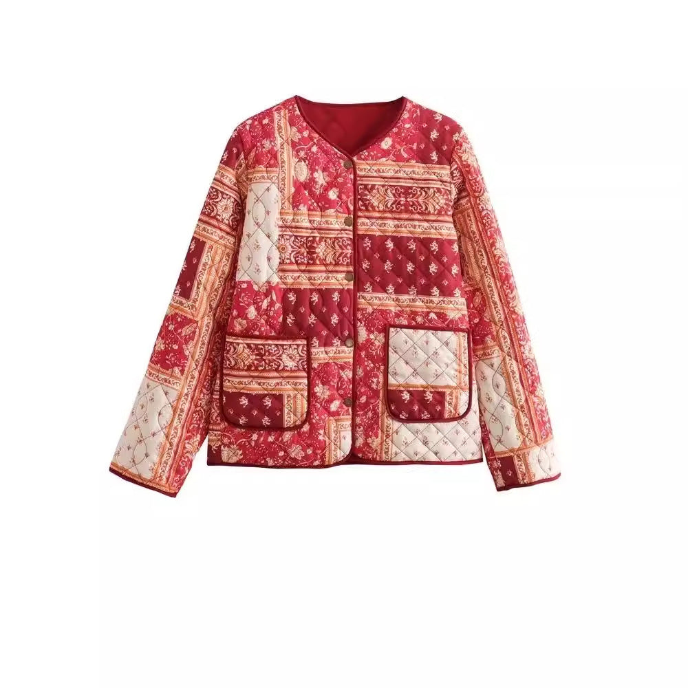 Damen Steppjacke im Patchwork-Bandana-Design mit Rundhals und aufgesetzten Taschen Shop Nory