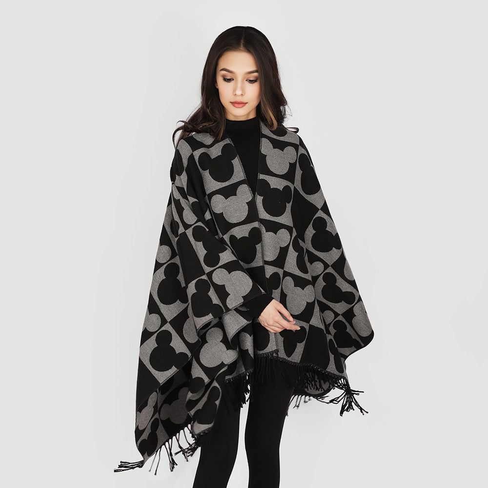 Damen Jacquard‑Überwurfponcho mit figurativem Kopf‑Silhouetten‑Muster, Fransen und offenem Fall Shop Nory