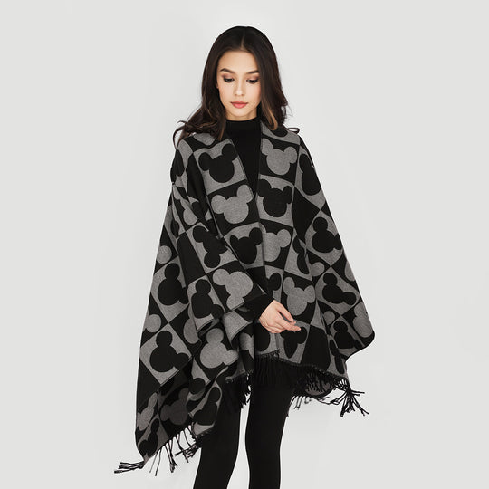 Damen Jacquard‑Überwurfponcho mit figurativem Kopf‑Silhouetten‑Muster, Fransen und offenem Fall Shop Nory