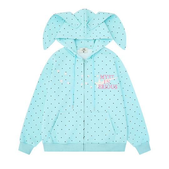 Damen Kapuzenjacke mit Hasenohren, Allover-Pünktchen und durchgehendem Reißverschluss Shop Nory