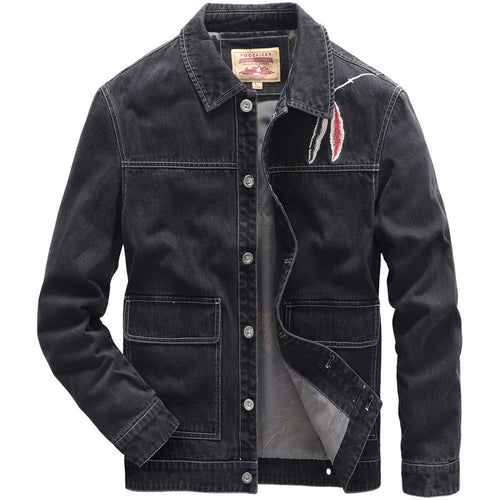 Herren Jeansjacke im Worker‑Stil mit gesticktem Feder‑Motiv und Innensatinfutter Shop Nory