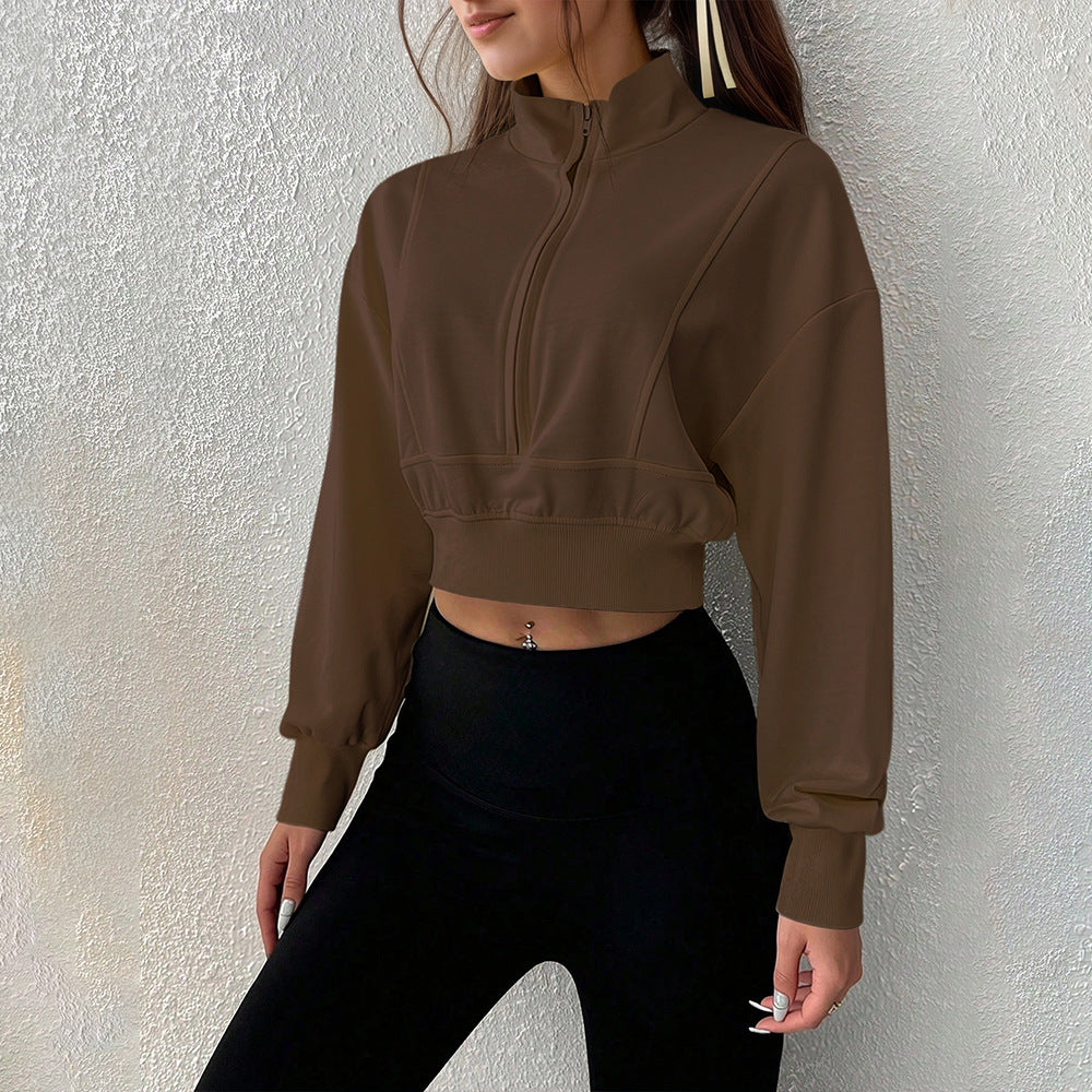 Damen kurzes Stehkragen-Sweatshirt mit halbem Reißverschluss, tailliertem Rippenbund und Daumenloch-Ärmeln Shop Nory
