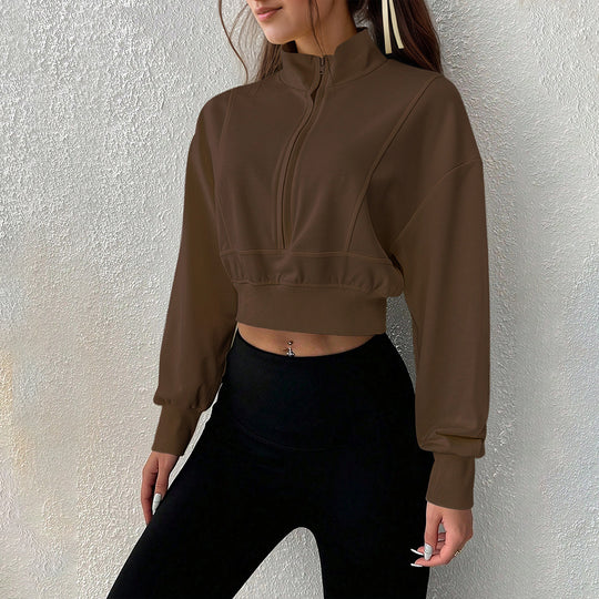 Damen kurzes Stehkragen-Sweatshirt mit halbem Reißverschluss, tailliertem Rippenbund und Daumenloch-Ärmeln Shop Nory