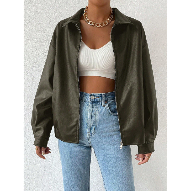 Damen Oversized Kunstleder-Blouson mit Reißverschluss und Hemdkragen Shop Nory