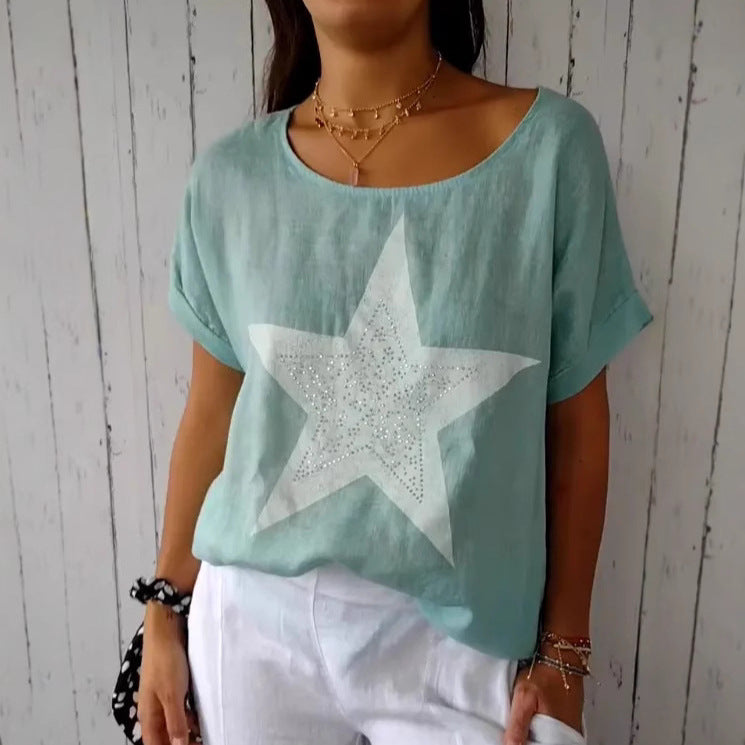 Damen lässiges Leinenoberteil mit glitzerndem Sternmotiv Shopnory