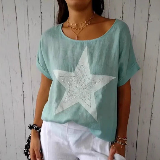 Damen lässiges Leinenoberteil mit glitzerndem Sternmotiv Shopnory