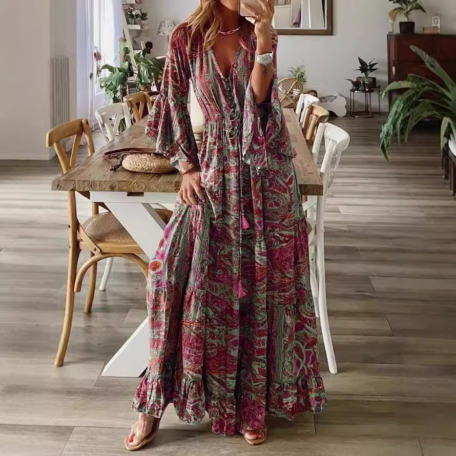 Damen Boho Maxikleid mit Paisley-Print, V-Ausschnitt, Stufenrock und Bindegürtel Shop Nory