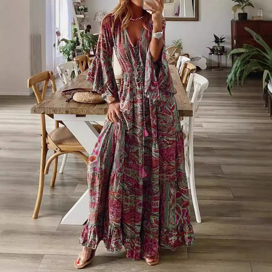 Damen Boho Maxikleid mit Paisley-Print, V-Ausschnitt, Stufenrock und Bindegürtel Shop Nory